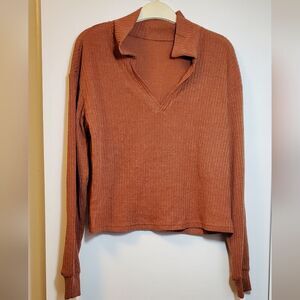 Small Shein Rust Ribbed Long Sleeve V-neck Top